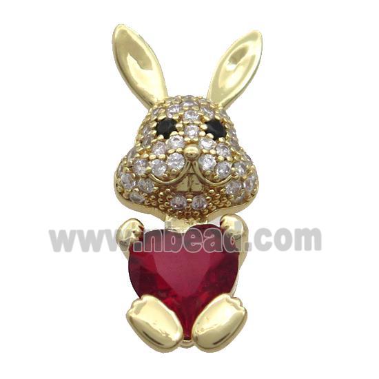 Copper Rabbit Pendant Pave Zircon DeepRed Crystal Gold Plated