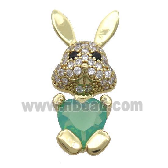 Copper Rabbit Pendant Pave Zircon Green Crystal Gold Plated