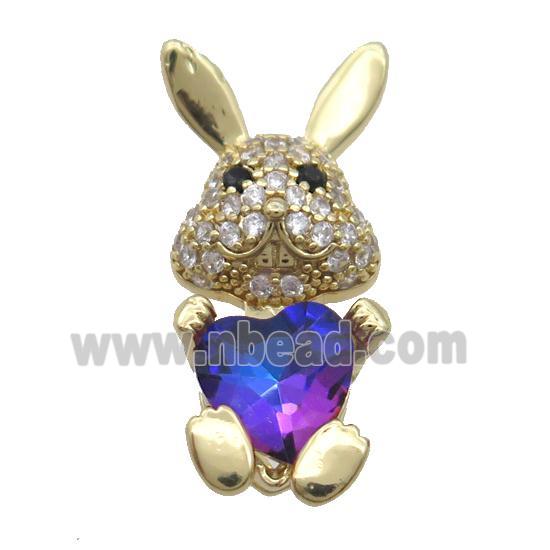 Copper Rabbit Pendant Pave Zircon Blue Crystal Gold Plated