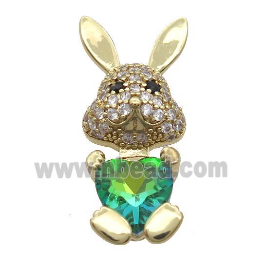 Copper Rabbit Pendant Pave Zircon Green Crystal Gold Plated