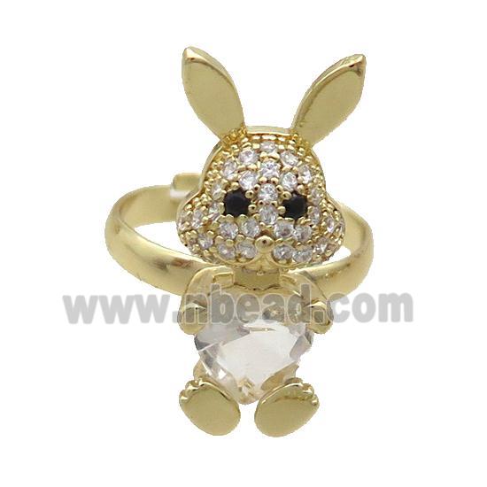 Copper Rabbit Ring Pave Zircon Clear Crystal Adjustable Gold Plated