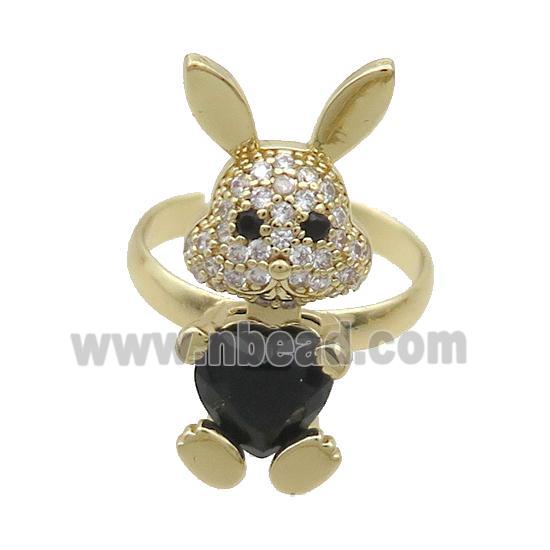 Copper Rabbit Ring Pave Zircon Black Crystal Adjustable Gold Plated