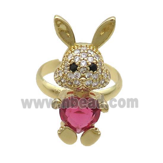 Copper Rabbit Ring Pave Zircon Red Crystal Adjustable Gold Plated