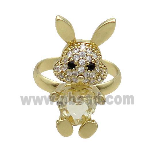 Copper Rabbit Ring Pave Zircon Yellow Crystal Adjustable Gold Plated