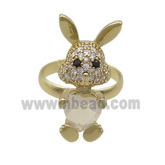 Copper Rabbit Ring Pave Zircon White Crystal Adjustable Gold Plated