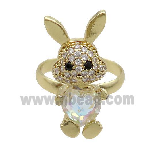Copper Rabbit Ring Pave Zircon White Crystal Adjustable Gold Plated