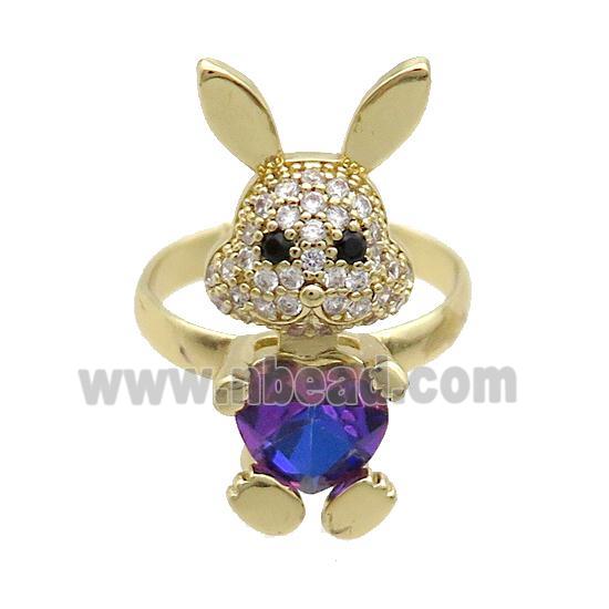 Copper Rabbit Ring Pave Zircon Bluepurple Crystal Adjustable Gold Plated