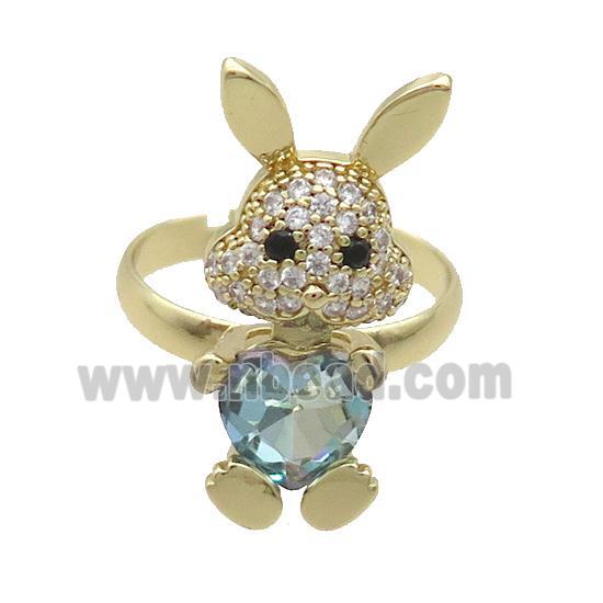 Copper Rabbit Ring Pave Zircon Blue Crystal Adjustable Gold Plated