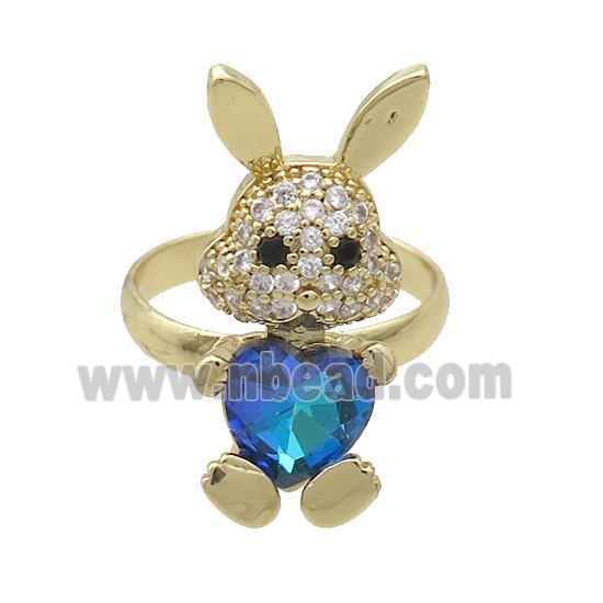 Copper Rabbit Ring Pave Zircon Blue Crystal Adjustable Gold Plated