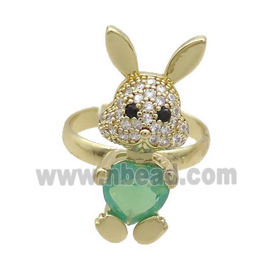 Copper Rabbit Ring Pave Zircon Green Crystal Adjustable Gold Plated