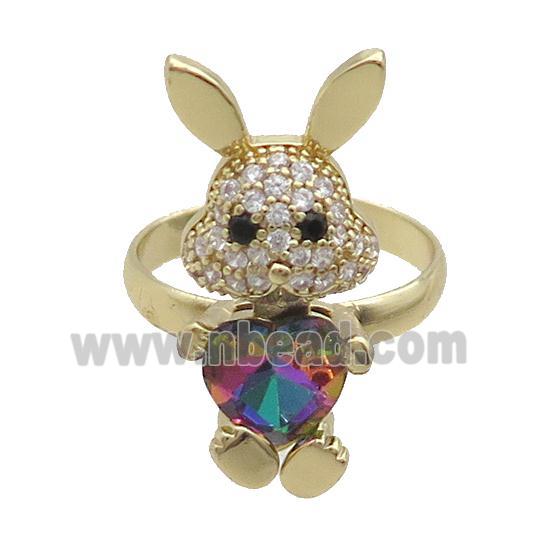 Copper Rabbit Ring Pave Zircon Rainbow Crystal Adjustable Gold Plated
