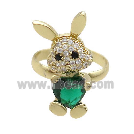 Copper Rabbit Ring Pave Zircon Peacockgreen Crystal Adjustable Gold Plated