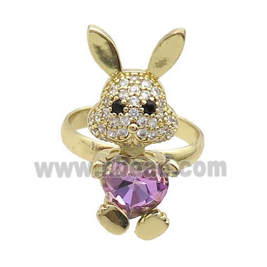 Copper Rabbit Ring Pave Zircon Purple Crystal Adjustable Gold Plated