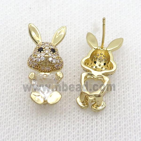 Copper Rabbit Stud Earring Pave Zircon Clear Crystal Gold Plated