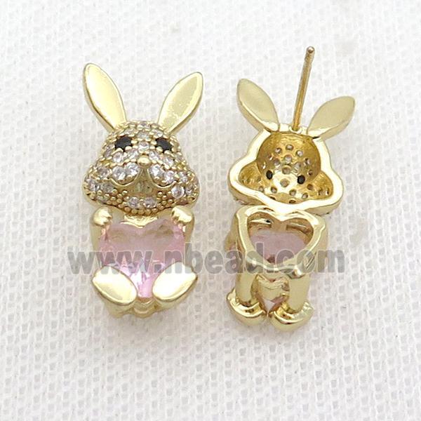 Copper Rabbit Stud Earring Pave Zircon Pink Crystal Gold Plated