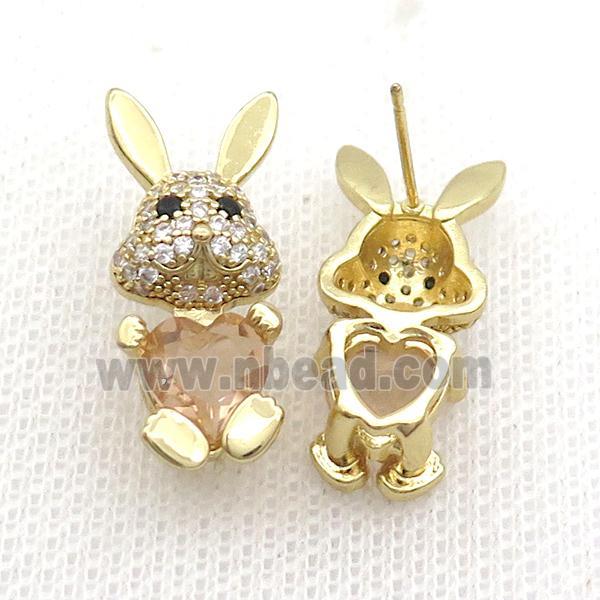Copper Rabbit Stud Earring Pave Zircon Champagne Crystal Gold Plated