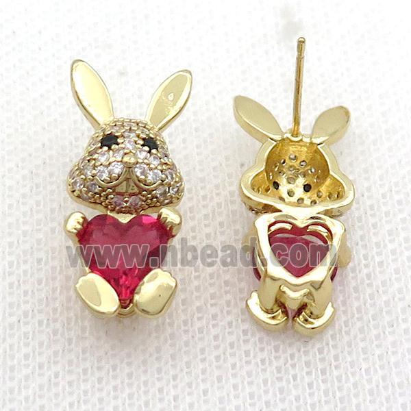 Copper Rabbit Stud Earring Pave Zircon Red Crystal Gold Plated