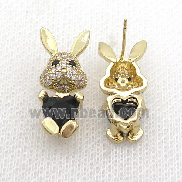 Copper Rabbit Stud Earring Pave Zircon Black Crystal Gold Plated