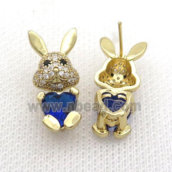Copper Rabbit Stud Earring Pave Zircon Deepblue Crystal Gold Plated