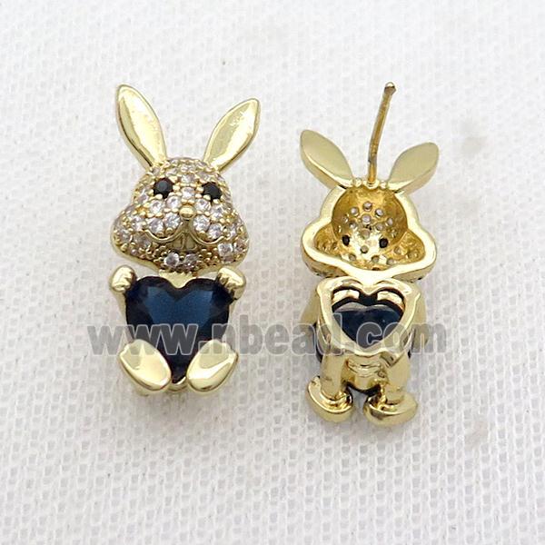 Copper Rabbit Stud Earring Pave Zircon Darkblue Crystal Gold Plated