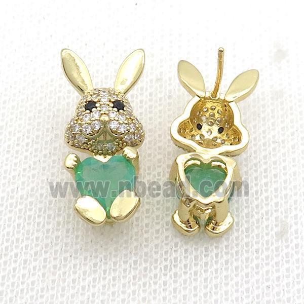 Copper Rabbit Stud Earring Pave Zircon Green Crystal Gold Plated