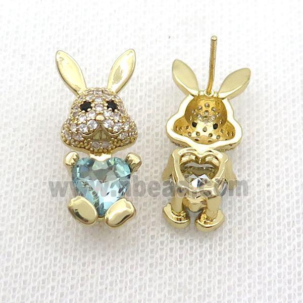 Copper Rabbit Stud Earring Pave Zircon Blue Crystal Gold Plated