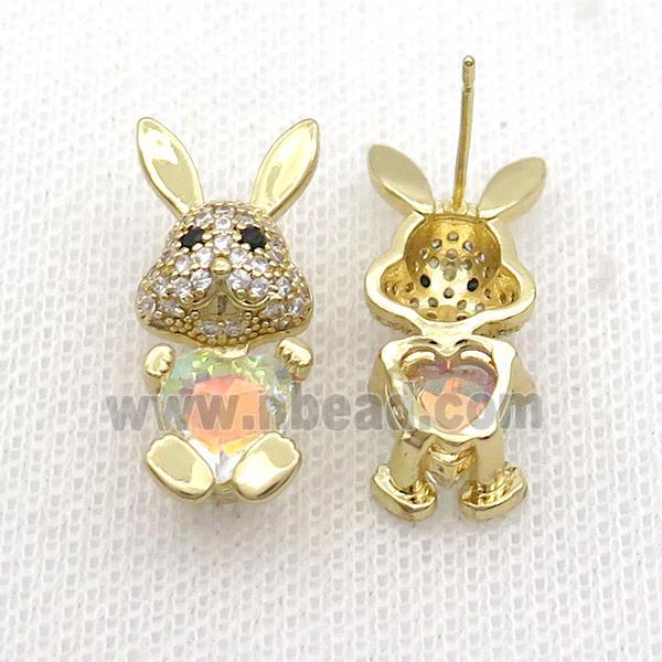 Copper Rabbit Stud Earring Pave Zircon Clear AB-color Crystal Gold Plated