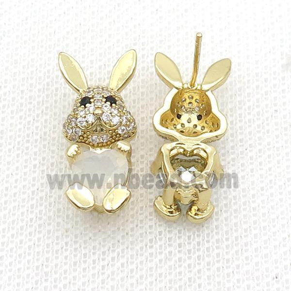 Copper Rabbit Stud Earring Pave Zircon White Crystal Gold Plated
