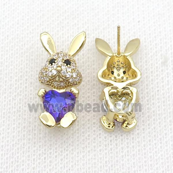 Copper Rabbit Stud Earring Pave Zircon Lavender Crystal Gold Plated