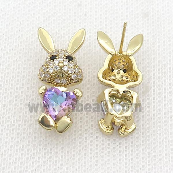 Copper Rabbit Stud Earring Pave Zircon Purple Crystal Gold Plated