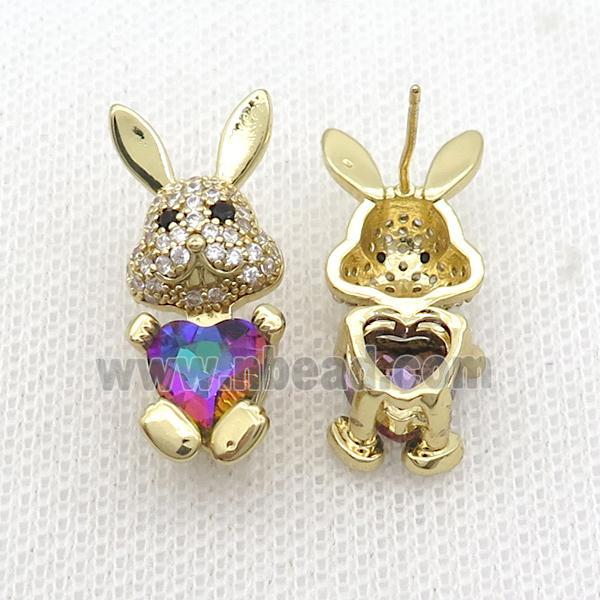 Copper Rabbit Stud Earring Pave Zircon Rainbow Crystal Gold Plated