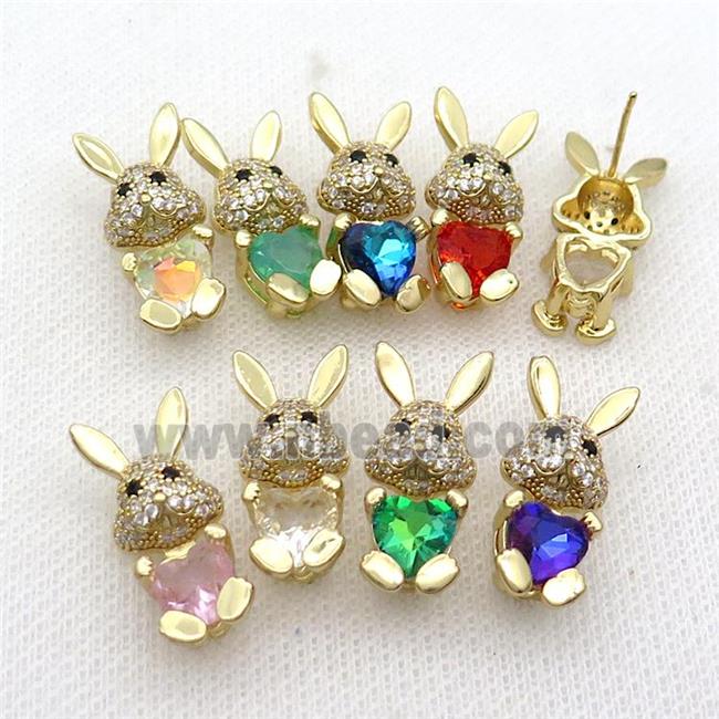 Copper Rabbit Stud Earring Pave Zircon Crystal Gold Plated Mixed