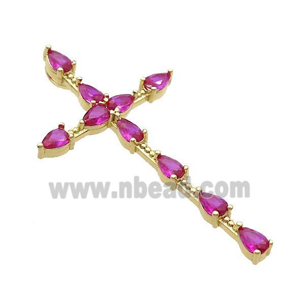 Copper Cross Pendant Pave Hotpink Crystal Glass Gold Plated