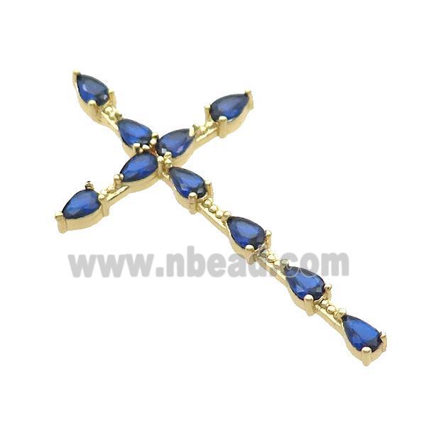 Copper Cross Pendant Pave Blue Crystal Glass Gold Plated