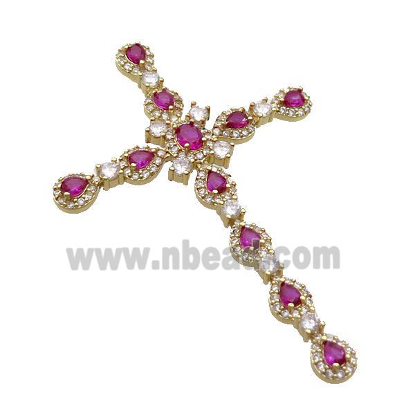 Copper Cross Pendant Pave Hotpink Crystal Glass Gold Plated