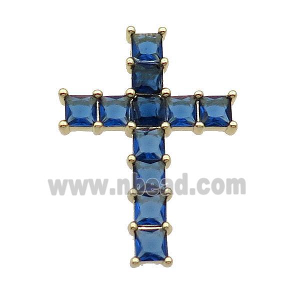 Copper Cross Pendant Pave Blue Crystal Glass Gold Plated