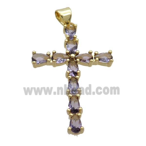 Copper Cross Pendant Pave Purple Crystal Glass Gold Plated