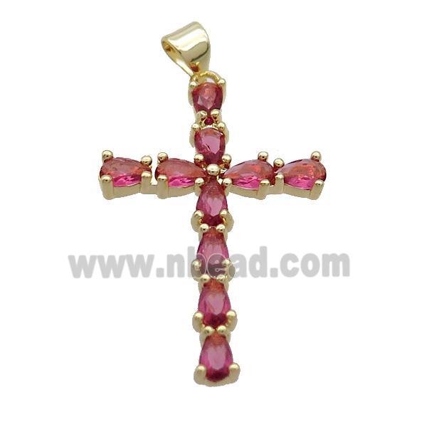 Copper Cross Pendant Pave Red Crystal Glass Gold Plated