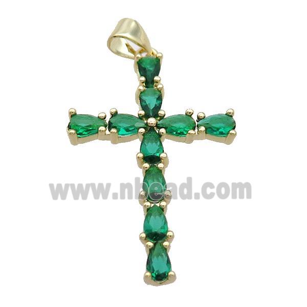 Copper Cross Pendant Pave Green Crystal Glass Gold Plated