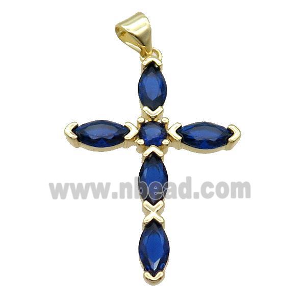Copper Cross Pendant Pave Darkblue Crystal Glass Gold Plated