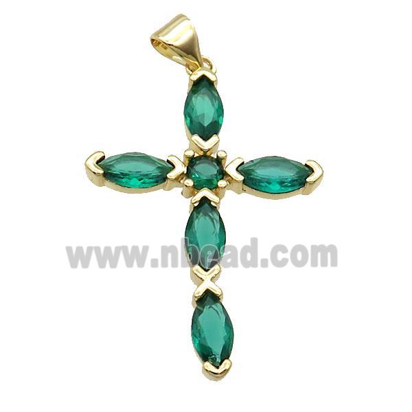 Copper Cross Pendant Pave Green Crystal Glass Gold Plated
