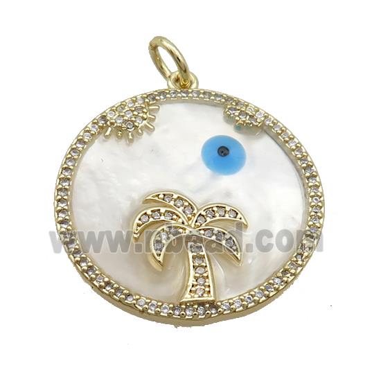 Copper Circle Coconut Tree Pendant Pave Zircon Shell Evil Eye Gold Plated