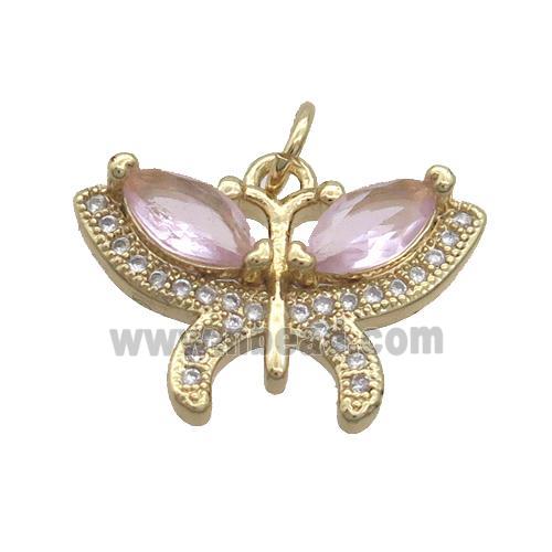 Copper Butterfly Pendant Pave Pink Crystal Glass Gold Plated