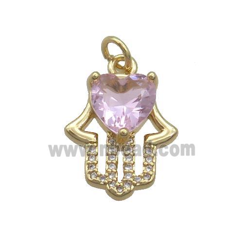 Copper Hamsahand Pendant Pave Pink Crystal Glass Gold Plated