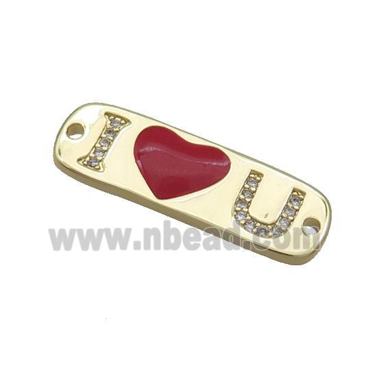Copper I LOVE U Connector Pave Zircon Red Enamel Gold Plated