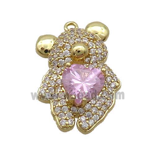 Copper Bear Pendant Pave Zircon Pink Heart Gold Plated