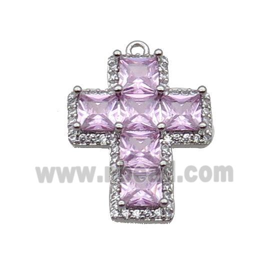 Copper Cross Pendant Pave Pink Crystal Glass Platinum Plated