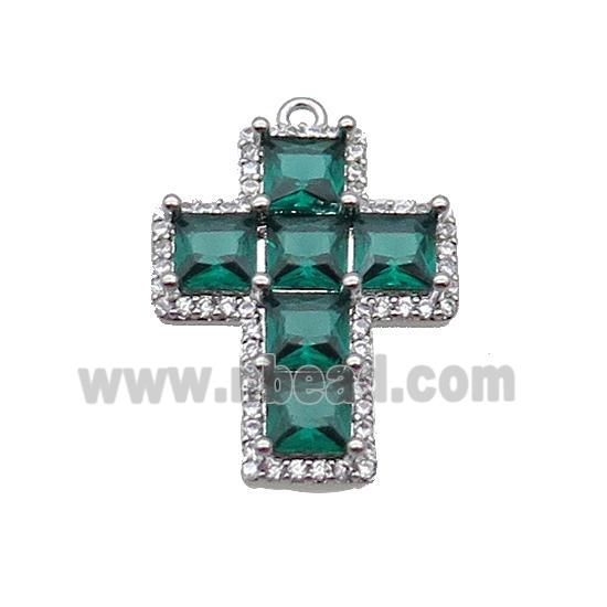 Copper Cross Pendant Pave Green Crystal Glass Platinum Plated