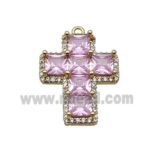 Copper Cross Pendant Pave Pink Crystal Glass Gold Plated