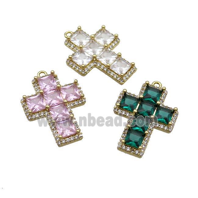 Copper Cross Pendant Pave Crystal Glass Gold Plated Mixed